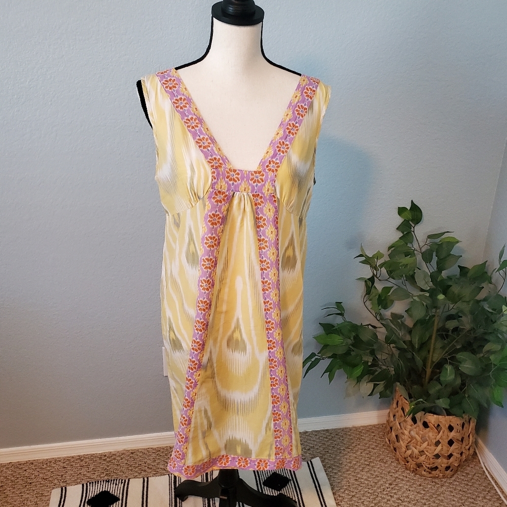 ANTHROPOLOGIE Lilka midi summer Dress light cotton yellow purple pink medium